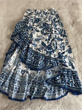 Blue Floral Tiered Maxi Skirt with Elastic Waist